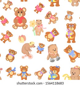 Seamless pattern with many different Teddy bears on a white background.