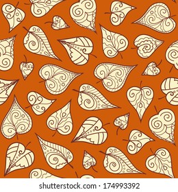 Seamless pattern with many doodle leaves