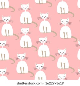 seamless pattern. many drawn white color thick cats with eyes closed sphynx breed on a pink background