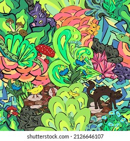 Seamless pattern with many elements and animals. The patterns of plants and animals are intertwined and hand-drawn. 