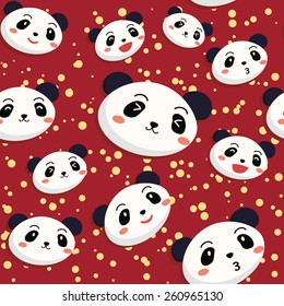Seamless pattern with many expression of cute panda face in red background.