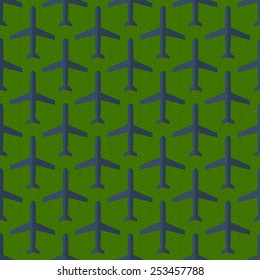 Seamless pattern with many flat styled military planes on the ground