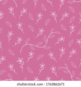 Seamless pattern with many flowers and leave, white stripes on pink background. Vector illustration.