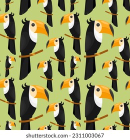Seamless pattern with many funny vector toucans. Flat decorative element for summer layout design. Exotic bird profile with bright orange long beak and curved crest. Trendy fashion print. Wild nature