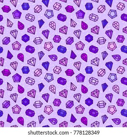 Seamless pattern with many gems trendy 2018 violet color, fashion treasure background vector illustration