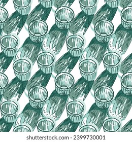 Seamless pattern of many glasses, faceted glasses in blue color. Vector hand-drawn doodles in a linear minimalistic style for textiles, wrapping paper, printing. Vector ornament with glass glitter