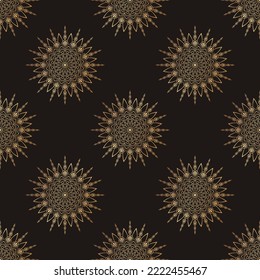 Seamless pattern with many golden mandalas. Oriental endless texture with arabic, islamic, indian, turkish, pakistan, moroccan, chinese, motifs. Psychedelic meditative ornamental design.