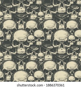 Seamless pattern with many human skulls. Repeating vector background with hand-drawn skulls. Graphic print for clothing, design element for Halloween, fabric, wallpaper, wrapping paper