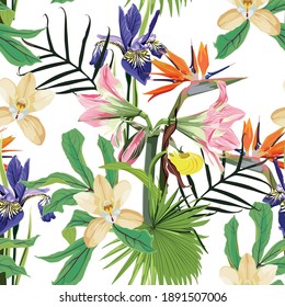 Seamless pattern with many kind of flowers and exotic tropical leaves.	