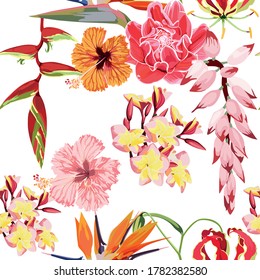 Seamless pattern: many kind of tropical exotic flowers. Hand drawn beautiful elements. Nature botanical art, elegant pink wallpaper background, print design, exotic bouquet.