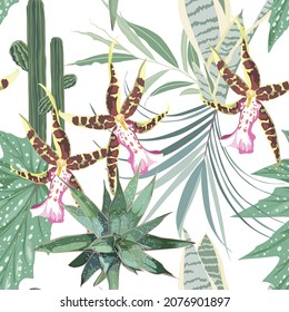 Seamless pattern: many kind of tropical exotic leaves and orchid flowers. Hand drawn beautiful elements. Nature botanical art, elegant red wallpaper on white background, print design, exotic bouquet.