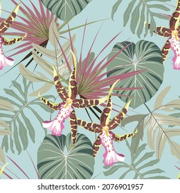 Seamless pattern: many kind of tropical exotic leaves and orchid flowers. Hand drawn beautiful elements. Nature botanical art, elegant red wallpaper on blue background, print design, exotic bouquet.