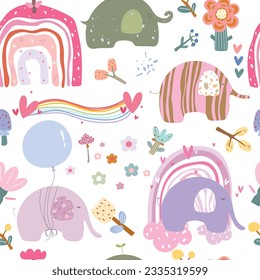 Seamless pattern with many kinds of flowers, rainbows, elephants, hearts. Vector illustration.