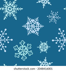 Seamless pattern with with many light-blue snowflakes on the dark blue-green background vector illustration