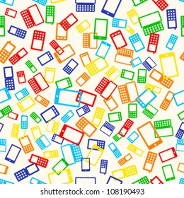 Seamless pattern with many mobile devices phone on light background, vector illustration