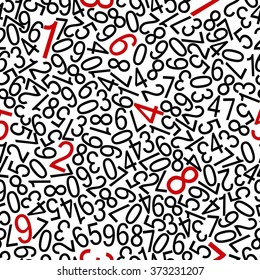 Seamless pattern with many numbers on white background with some red numbers