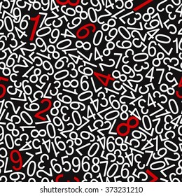 Seamless pattern with many numbers on black background with some red numbers