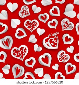 Seamless pattern of many paper volume hearts with holes and without, white on red