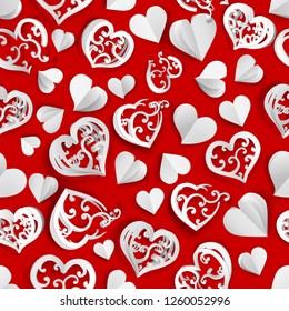 Seamless pattern of many paper volume hearts with holes and without, white on red