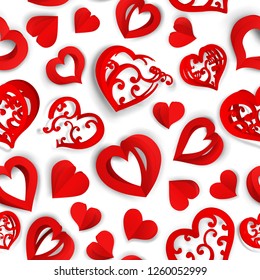 Seamless pattern of many paper volume hearts with holes and without, red on white