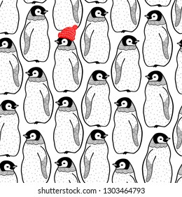 Seamless pattern with many penguins and one in red hat. Endless background for printing on fabric or wallpaper. Vector illustration.