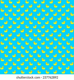 Seamless pattern with many pixel art yellow bath ducks on blue background