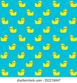 Seamless Pattern With Many Pixel Art Yellow Bath Ducks On Blue Background