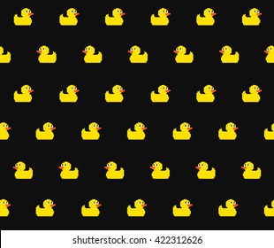 Seamless pattern with many pixel art yellow bath ducks on black background
