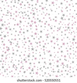Seamless pattern of many purple and grey snowflakes on white background. Christmas winter theme for gift wrapping. New Year seamless background for website.
