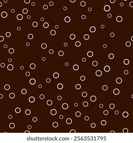 Seamless pattern with many random circles. White round element on dark brown background. Cute cozy design for textiles, wallpapers, etc. Minimalist geometric vector illustration