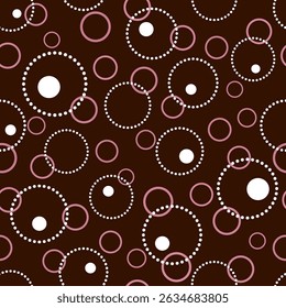 Seamless pattern with many random circles. White pink round element on dark brown background. Cute cozy design for textiles, wallpapers, etc. Minimalist geometric vector illustration