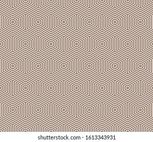 Seamless pattern of many repeated brown hexagons on beige background. Geometric backdrop with optical illusion effect. Vector illustration