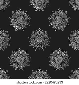 Nahtloses Muster mit vielen silbernen Mandalas. Orientale endlose Textur mit arabischen, islamischen, indianischen, türkischen, pakistanischen, marokkanischen, chinesischen, Motiven. Psychedelisches meditatives Zierdesign.