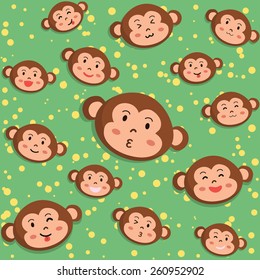 Seamless pattern with many size and different expression face of cute monkey in green background.