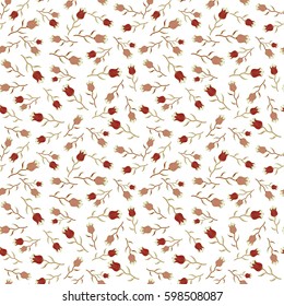 Seamless pattern of many small cute flowers in green, red and pink colors. Vector pretty ditsy flower print ~ seamless background.