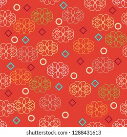 Seamless pattern with many small identical decorative elements, circles and squares randomly placed on a reddish background. Vector illustration
