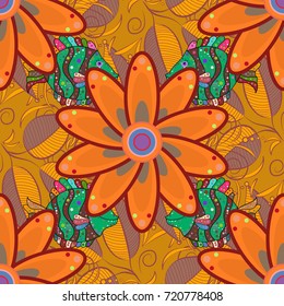 Seamless pattern with many small orange, yellow and red flowers. Seamless floral pattern. Vector abstract floral background.
