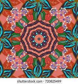 Seamless pattern with many small violet, pink and orange flowers. Seamless floral pattern. Vector abstract floral background.