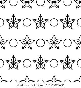 Seamless Pattern. Many Stars And Circles Wallpaper. Stars And Round Shapes In Horizontal Rows. Background With Outline Elements. Abstract Design. Black And White Endless Texture. Zen Art Vector.