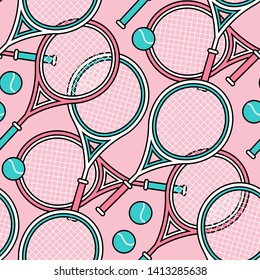 Seamless pattern of many tennis rackets and balls, sports equipment