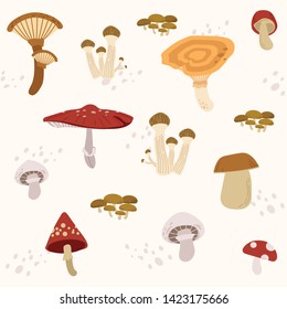 The seamless pattern of many type mushroom set in flat vector style. Graphic resource about mushroom for graphic,content , banner.