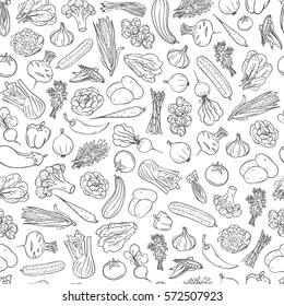 Seamless Pattern With Many Vegetables. Hand-drawn Style Vector Illustration.