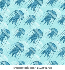 seamless pattern with many white and blue jellyfish swimming in the same direction in blue water