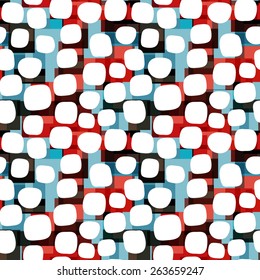 Seamless pattern.  Many white stones on decorative red, brown and blue background.
