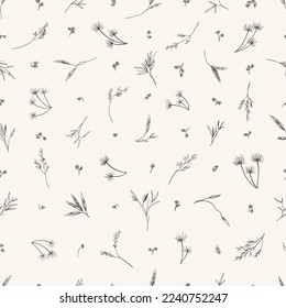 Seamless pattern with many wild grass. Black and White tones. Botanical background with small leaves. Vector  illustration. Reeds, pampas grass, dried grass. Sketch.