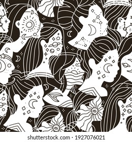 Seamless pattern with many women faces with moon and stars in line style. Astrology fashion background. Editable hand drawn vector illustration.