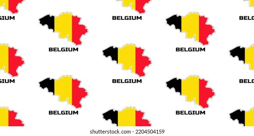 El patrón sin fisuras del mapa del país de Bélgica en los colores de la bandera belga. Con la descripción del nombre del país "Bélgica".