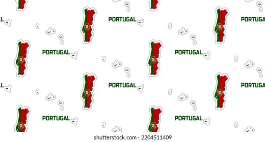 Seamless pattern map of the country of Portugal in the colors of the flag of Portugal. With the description of the country name "Portugal".