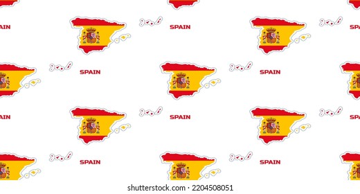 The seamless pattern  of the map of the country of Spain in the colors of the Spanish flag. With the description of the name of the country "Spain".