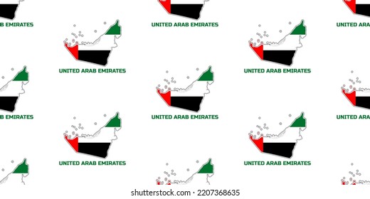 Seamless pattern map of the country united arab emirates in the colors of the flag of the United Arab Emirates.  With the name of the country "UNITED ARAB EMIRATES".